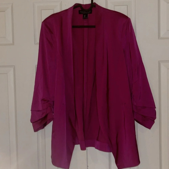 RACHEL ZOE Elegant Fuchsia Pink Open Front 3/4  RushGathered Sleeve Blazer Sz L - Picture 12 of 15